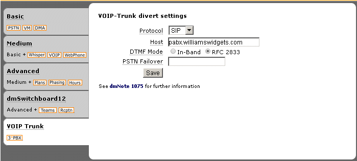 dmConnect12 divert to VOIP trunk settings